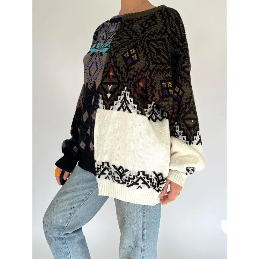 vintage reworked upcycled half and half unique split knit grandpa sweater large - Picture 4 of 9